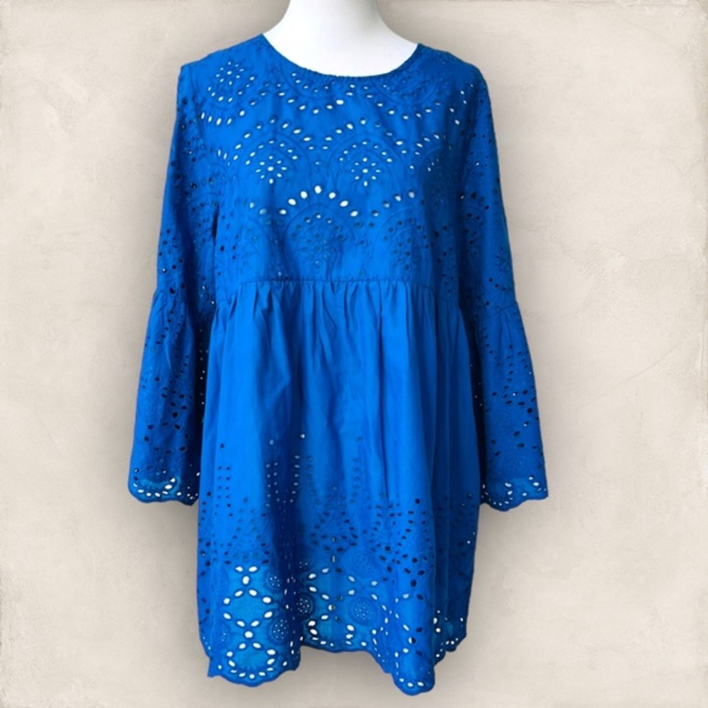 Boutique Boho Peasant Royal Blue Eyelet Babydoll Blouse